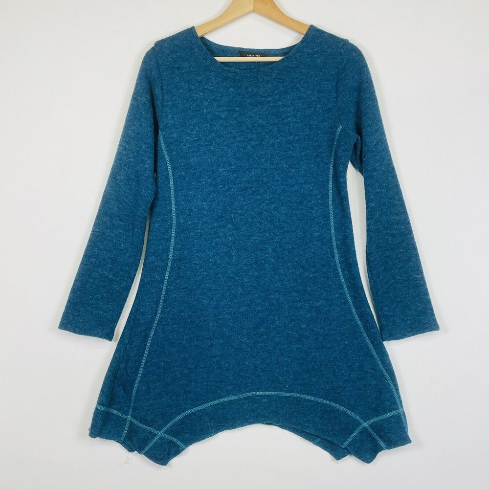 Yak n Yeti‎ Tunic Top Womens Medium Blue Sharkbite Hem Boho Lagenlook Aesthetic